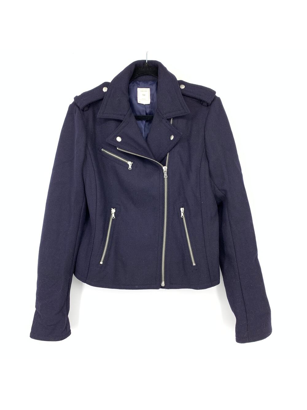 Gap Moto Style Zip Front Jacket Womens Sz MT Wool Blend Navy Blue Zipper Details